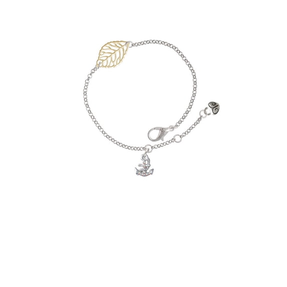 Delight Jewelry Silvertone Mini AB Crystal Anchor of Hope - Goldtone Leaf Delicate Bracelet, 6.25+1.75"
