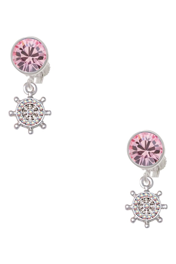 Silvertone Mini AB Crystal Ship Wheel - Navigation Pink Crystal Clip on Earrings