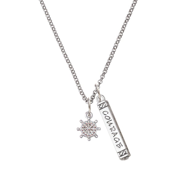 Delight Jewelry Silvertone Mini AB Crystal Ship Wheel - Navigation Silvertone Courage Strength Wisdom Honesty Bar Charm Necklace, 23"