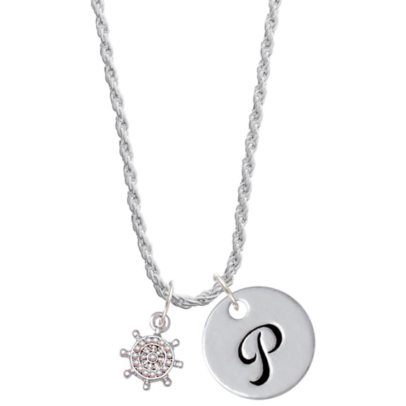 Delight Jewelry Silvertone Mini AB Crystal Ship Wheel - Navigation Silvertone Script Initial Disc - P - Charm Necklace, 20"+3"