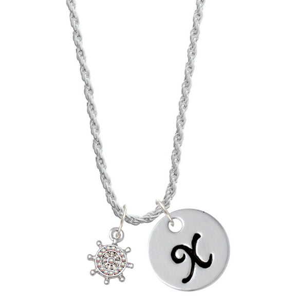 Delight Jewelry Silvertone Mini AB Crystal Ship Wheel - Navigation Silvertone Script Initial Disc - X - Charm Necklace, 20"+3"