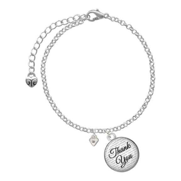 Delight Jewelry Silvertone Mini April - Clear Crystal Heart - Domed Thank You Charm Bracelet, 6"+2"