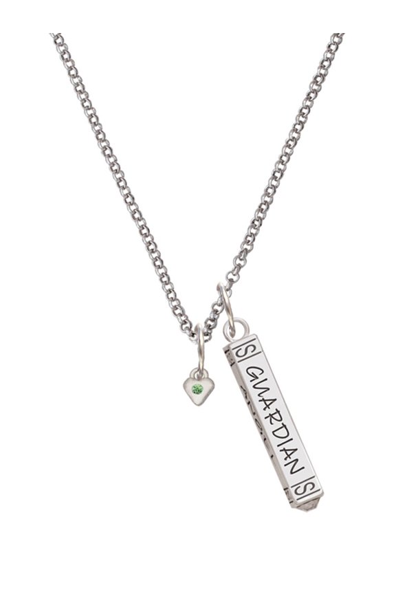 Silvertone Mini August - Lime Green Crystal Heart Silvertone Guardian Angel Bar Charm Necklace, 23"