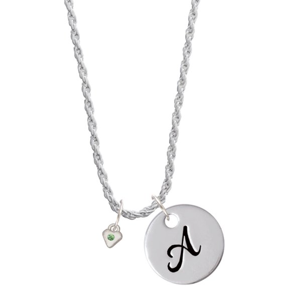 Delight Jewelry Silvertone Mini August - Lime Green Crystal Heart Silvertone Script Initial Disc - A - Charm Necklace, 20"+3"