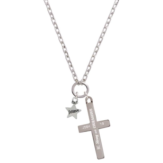 Delight Jewelry Silvertone Mini ''Believe'' Star Be Strong and Courageous Engraved Cross Zoey Necklace, 28"