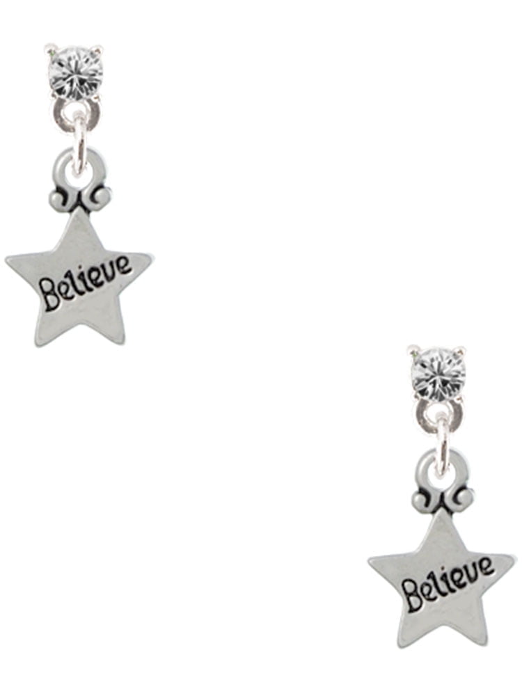 Delight Jewelry Silvertone Mini ''Believe'' Star Clear Crystal Post Earrings