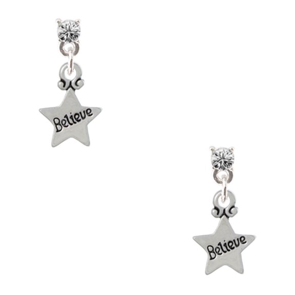 Delight Jewelry Silvertone Mini ''Believe'' Star Clear Crystal Post Earrings