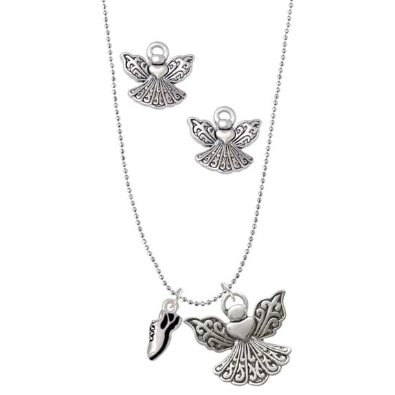 Delight Jewelry Silvertone Mini Black Running Shoe Silver tone Guardian Angel Charm Necklace and Stud Earrings