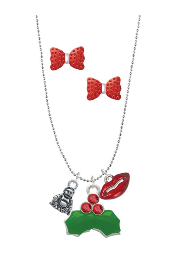 Silvertone Mini Buddha Christmas Kiss Charm Necklace and Stud Earrings