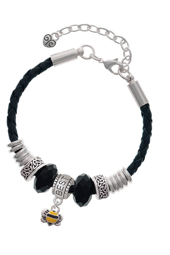 Silvertone Mini Bumble Bee Best Friend Celtic Knot Leather Bead Bracelet, 7"+2" Extender