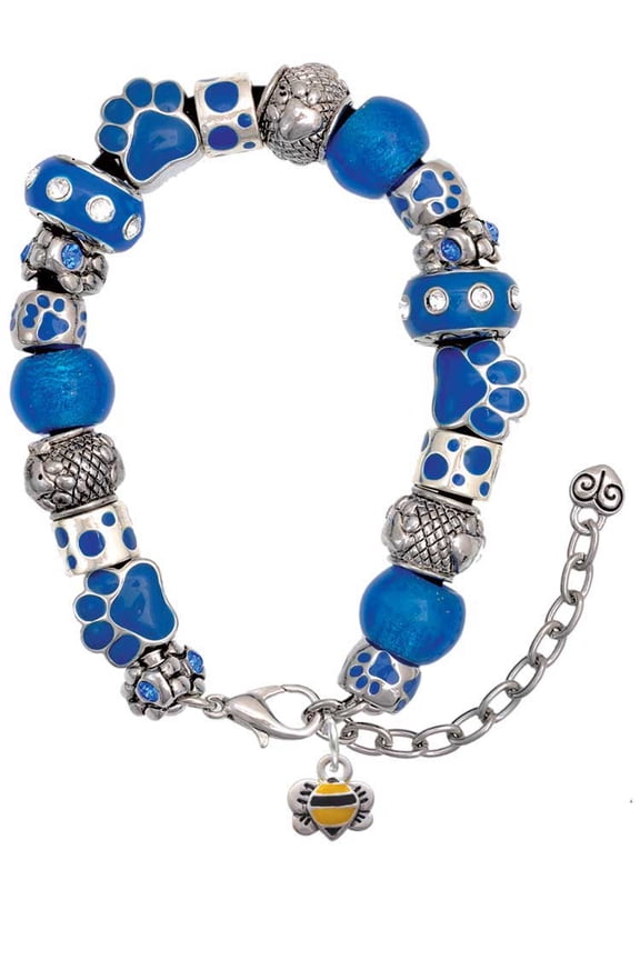 Silvertone Mini Bumble Bee Blue Paw Print Bead Bracelet, 7"+2"