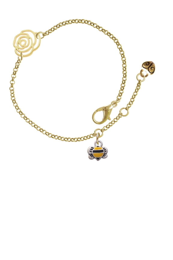 Silvertone Mini Bumble Bee Gold-tone Rose Link Chain Bracelet, 6.25"+1.75" Extender