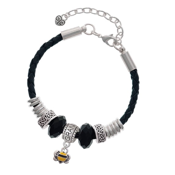 Delight Jewelry Silvertone Mini Bumble Bee Grandmother Celtic Knot Leather Bead Bracelet, 7"+2" Extender