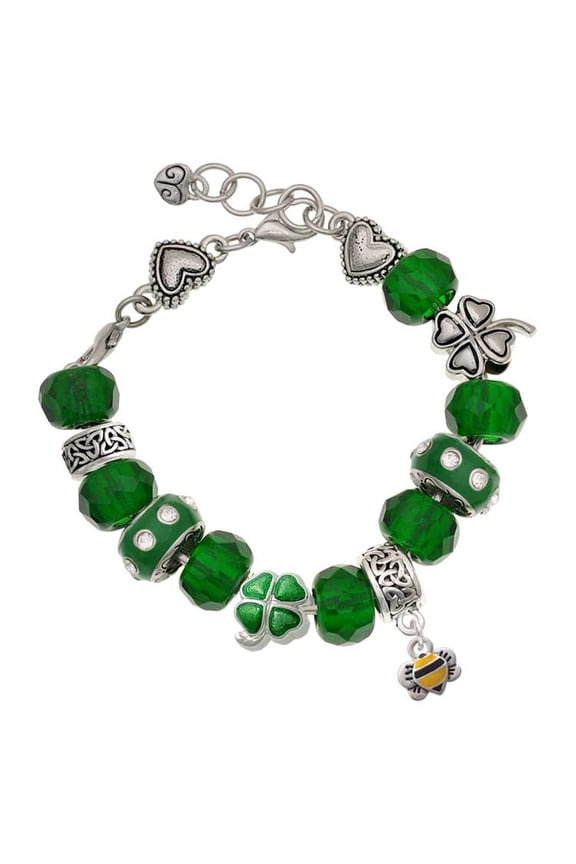Silvertone Mini Bumble Bee - Green Irish Luck Bead Charm Bracelet, 7.5"