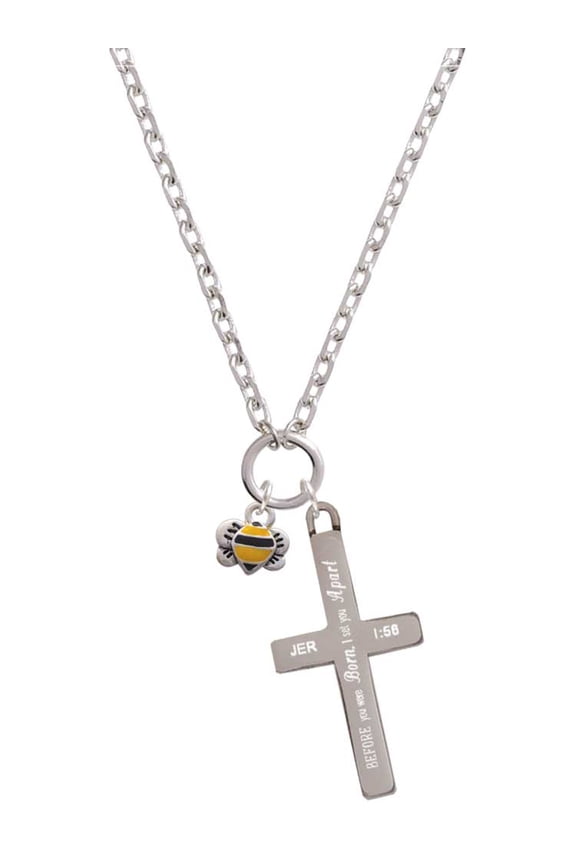Silvertone Mini Bumble Bee I Set You Apart Engraved Cross Zoey Necklace, 28"