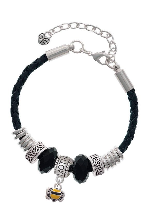 Silvertone Mini Bumble Bee Mother Celtic Knot Leather Bead Bracelet, 7"+2" Extender