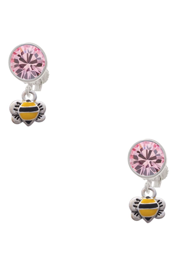 Silvertone Mini Bumble Bee Pink Crystal Clip on Earrings
