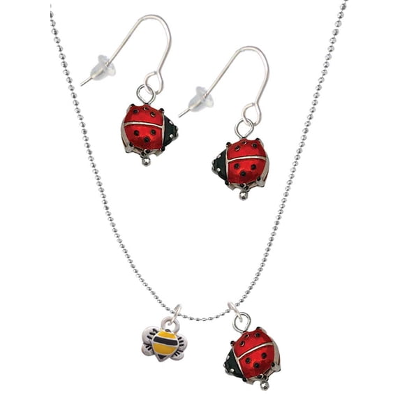 Delight Jewelry Silvertone Mini Bumble Bee Red Lucky Ladybug Necklace and Dangle Earrings Set