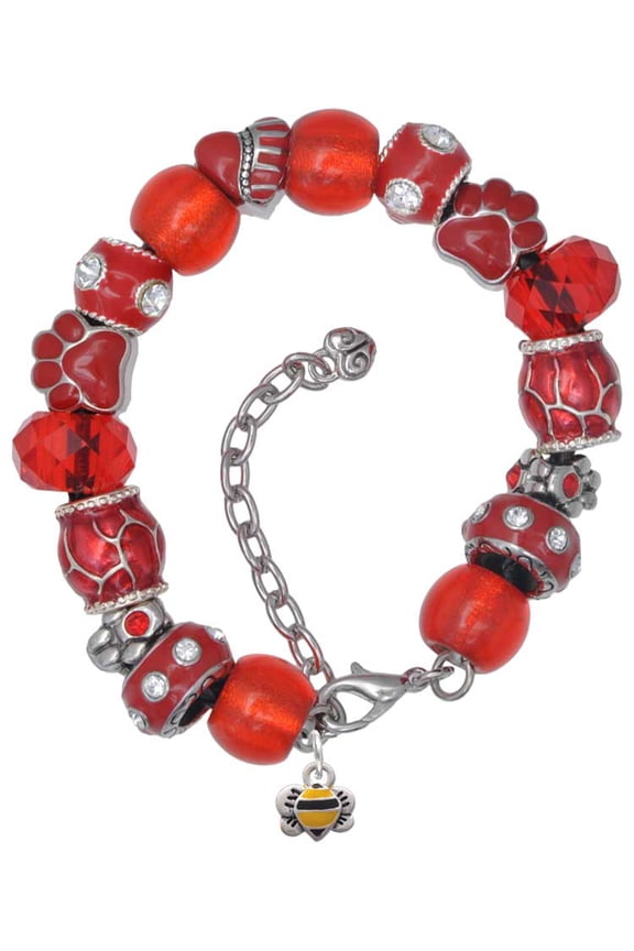 Silvertone Mini Bumble Bee Red Paw Print Bead Bracelet, 7"+2"