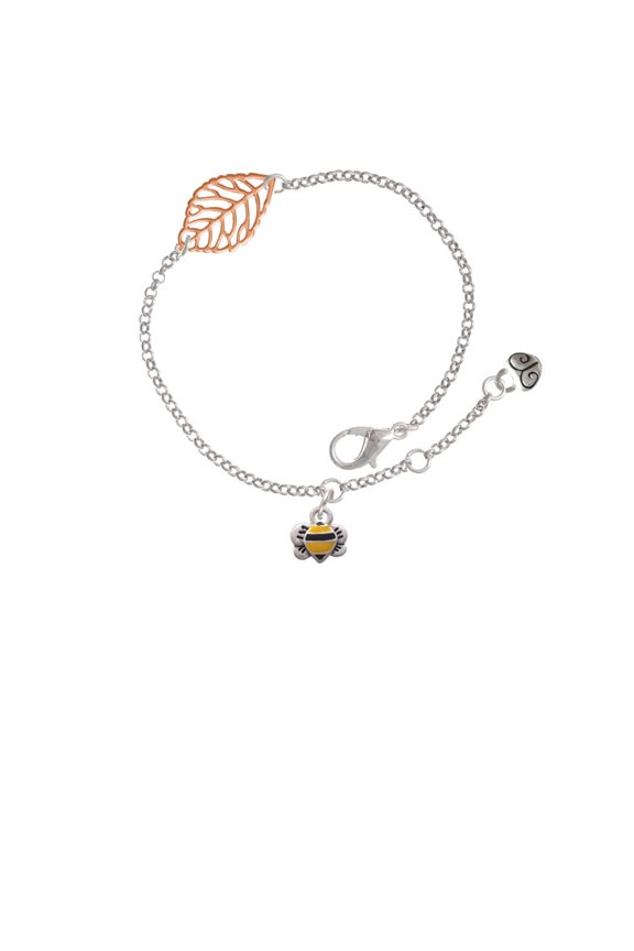 Silvertone Mini Bumble Bee - Rose Goldtone Leaf Delicate Bracelet, 6.25+1.75"