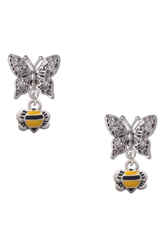 Silvertone Mini Bumble Bee Silvertone Antiqued Butterfly Post Earrings