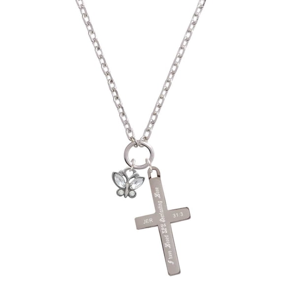 Delight Jewelry Silvertone Mini Butterfly with Clear Wings & Crystals Everlasting Love Engraved Cross Zoey Necklace, 28"