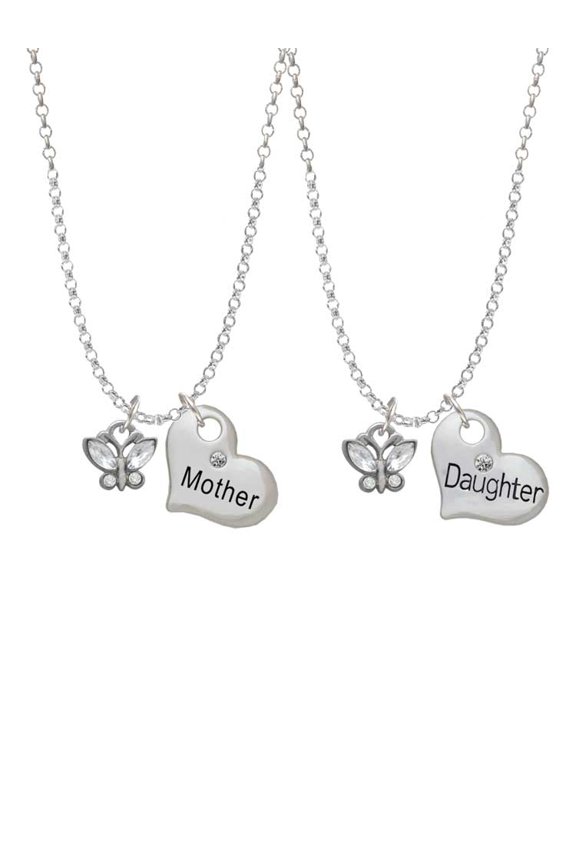 Silvertone Mini Butterfly with Clear Wings & Crystals Mother & Daughter Heart Necklaces (Set of 2), 19"+2"