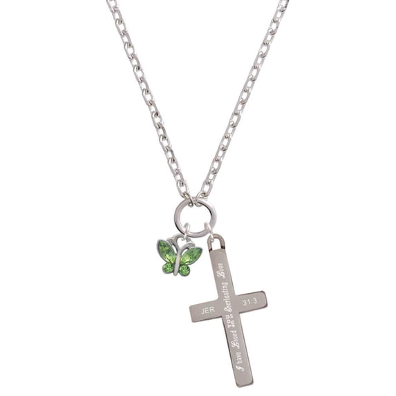 Delight Jewelry Silvertone Mini Butterfly with Green Wings & Crystals Everlasting Love Engraved Cross Zoey Necklace, 28"
