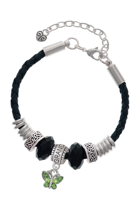 Silvertone Mini Butterfly with Green Wings & Crystals Granddaughter Celtic Knot Leather Bead Bracelet, 7"+2" Extender