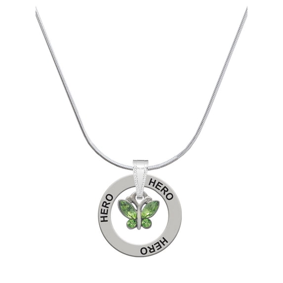 Delight Jewelry Silvertone Mini Butterfly with Green Wings & Crystals Hero Ring Charm Necklace, 18"