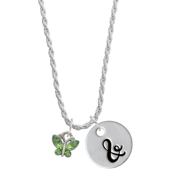 Delight Jewelry Silvertone Mini Butterfly with Green Wings & Crystals Silvertone Script Initial Disc - & - Charm Necklace, 20"+3"