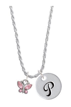 Silvertone Mini Butterfly with Pink Wings & Crystals Silvertone Script Initial Disc - P - Charm Necklace, 20"+3"