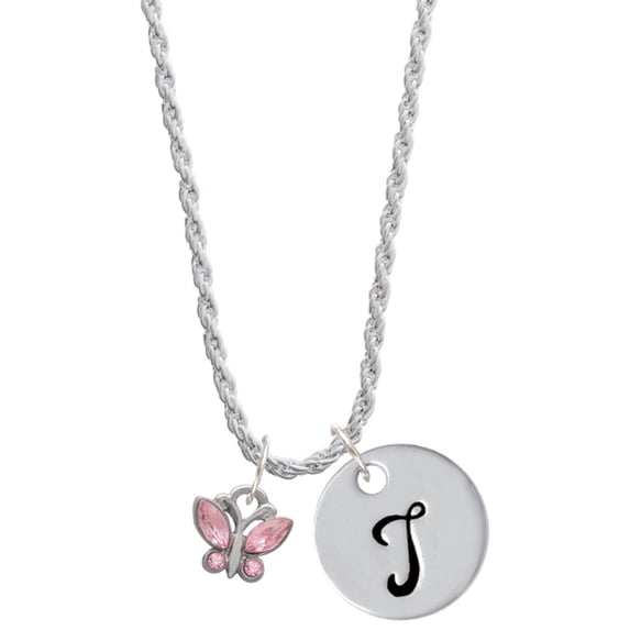 Delight Jewelry Silvertone Mini Butterfly with Pink Wings & Crystals Silvertone Script Initial Disc - T - Charm Necklace, 20"+3"