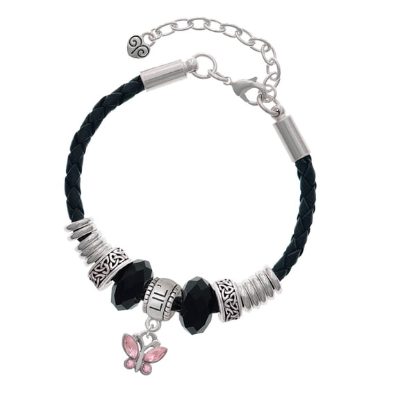 Delight Jewelry Silvertone Mini Butterfly with Pink Wings & Crystals Sister Celtic Knot Leather Bead Bracelet, 7"+2" Extender