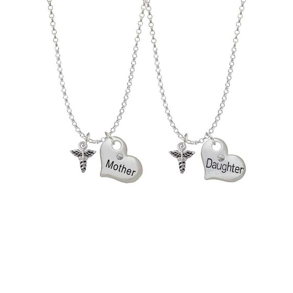 Delight Jewelry Silvertone Mini Caduceus Mother & Daughter Heart Necklaces (Set of 2), 19"+2"