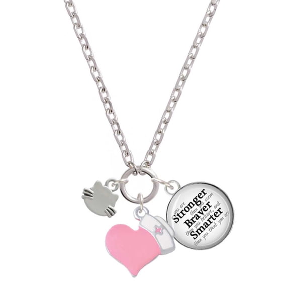 Delight Jewelry Silvertone Mini Cat Face with Whiskers - Light Pink Heart Nurse Strong Zoe Necklace