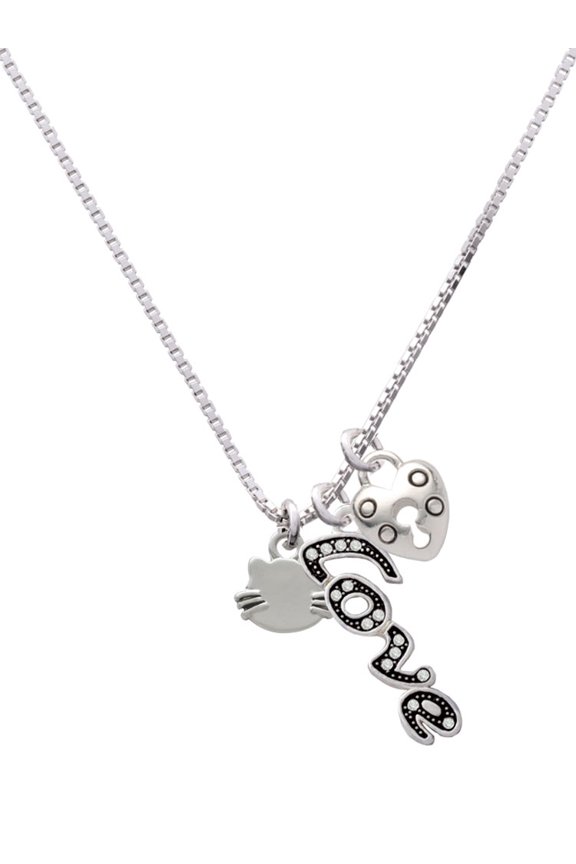 Silvertone Mini Cat Face with Whiskers - Love and Lock Charm Necklace, 18"+1"