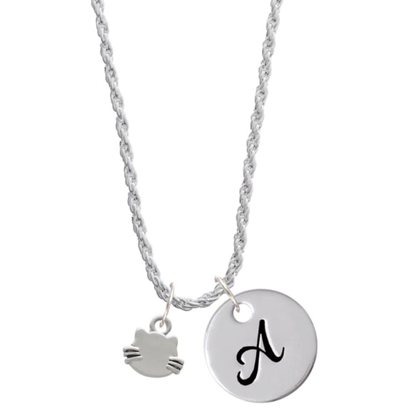 Delight Jewelry Silvertone Mini Cat Face with Whiskers Silvertone Script Initial Disc - A - Charm Necklace, 20"+3"