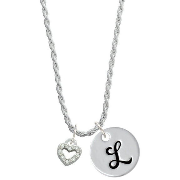 Delight Jewelry Silvertone Mini Clear Crystal Heart Silvertone Script Initial Disc - L - Charm Necklace, 20"+3"