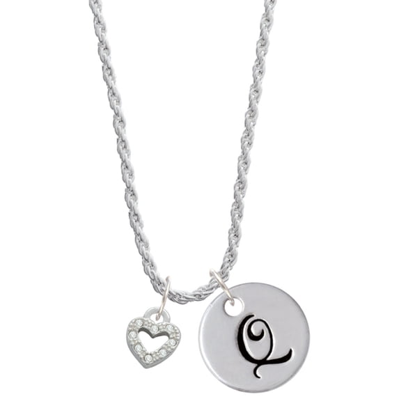 Delight Jewelry Silvertone Mini Clear Crystal Heart Silvertone Script Initial Disc - Q - Charm Necklace, 20"+3"