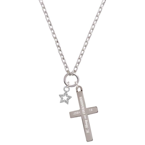 Delight Jewelry Silvertone Mini Clear Crystal Star Be Strong and Courageous Engraved Cross Zoey Necklace, 28"