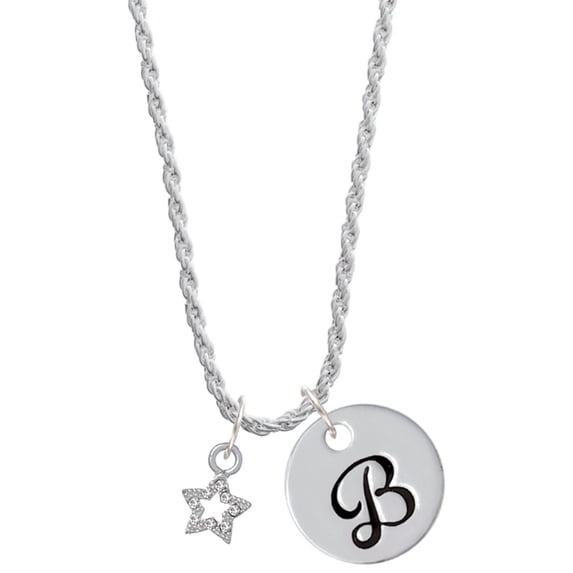Delight Jewelry Silvertone Mini Clear Crystal Star Silvertone Script Initial Disc - B - Charm Necklace, 20"+3"