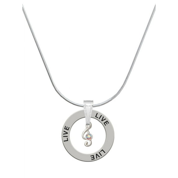 Delight Jewelry Silvertone Mini Clef with AB Crystal Live Ring Charm Necklace, 18"