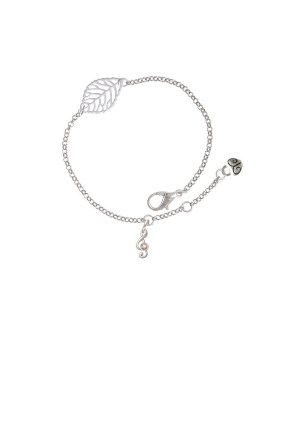 Silvertone Mini Clef with AB Crystal - Silvertone Leaf Delicate Bracelet, 6.25+1.75"