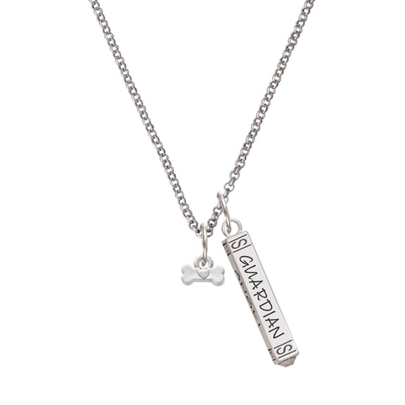 Delight Jewelry Silvertone Mini Dog Bone with Heart Silvertone Guardian Angel Bar Charm Necklace, 23"
