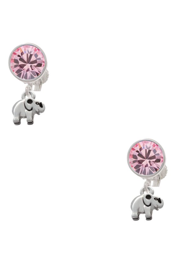 Silvertone Mini Elephant Pink Crystal Clip on Earrings