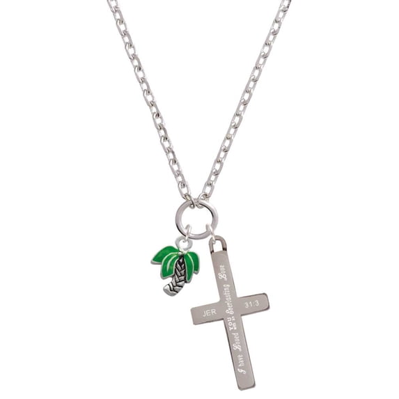 Delight Jewelry Silvertone Mini Enamel Palm Tree Everlasting Love Engraved Cross Zoey Necklace, 28"