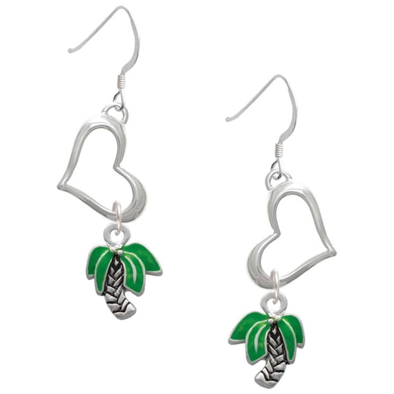 Delight Jewelry Silvertone Mini Enamel Palm Tree Open Heart French Earrings