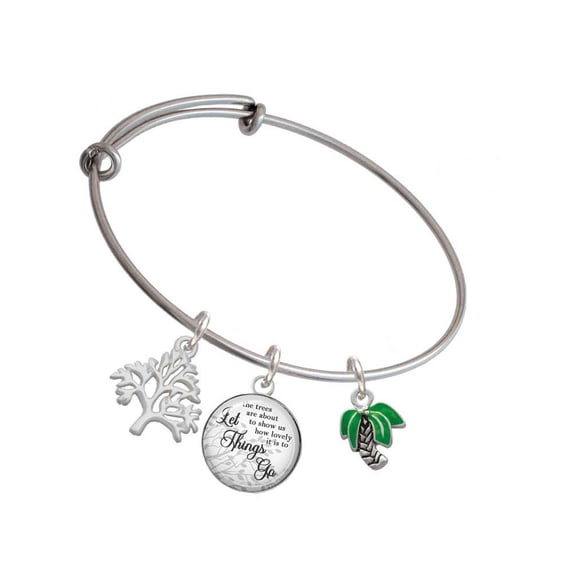 Delight Jewelry Silvertone Mini Enamel Palm Tree Silvertone Let Things Go Tree Charm Bangle Bracelet