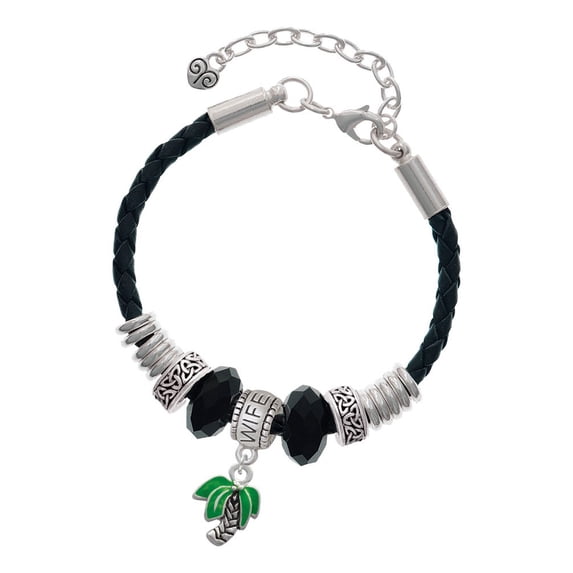 Delight Jewelry Silvertone Mini Enamel Palm Tree Wife Celtic Knot Leather Bead Bracelet, 7"+2" Extender